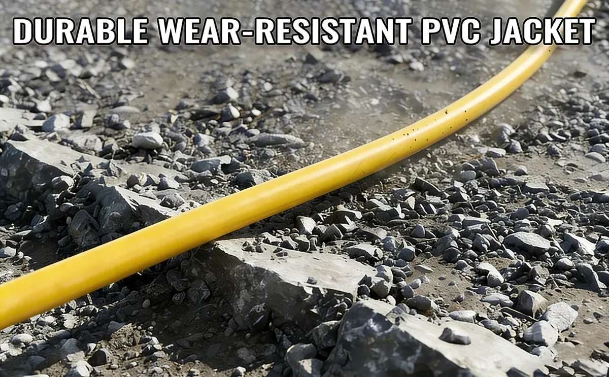 A visible yellow Vantecable 10 AWG SJTW PVC extension cord showing its durable wear-resistant jacket thrives on rugged gravel and jagged rock on a busy construction worksite.