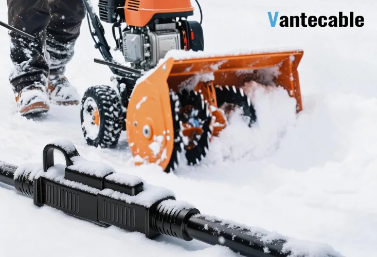 ETL certified heavy-duty extension cord from Vantecable being used safely in freezing snow, proving its industrial-grade weather resistance and safety standards compared to UL.