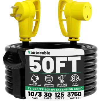 [15ft to 100ft] 10/3 Gauge 30 Amp RV Extension Cord, Heavy Duty Waterproof with Easy Grip Handle, Yellow/Green,Waterproof,ETL,flexible