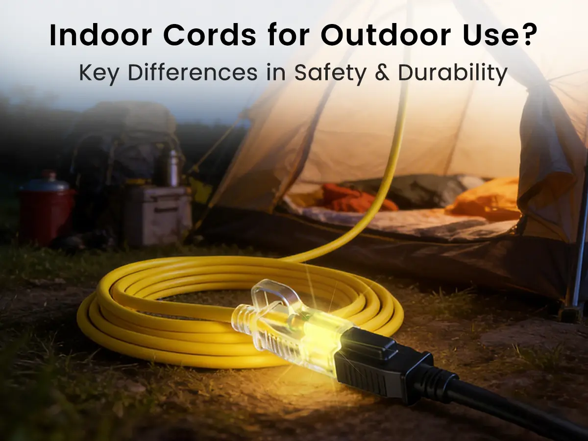 Yellow outdoor extension cord with power indicator light connected to a tent, comparing indoor vs outdoor cord safety and durability.