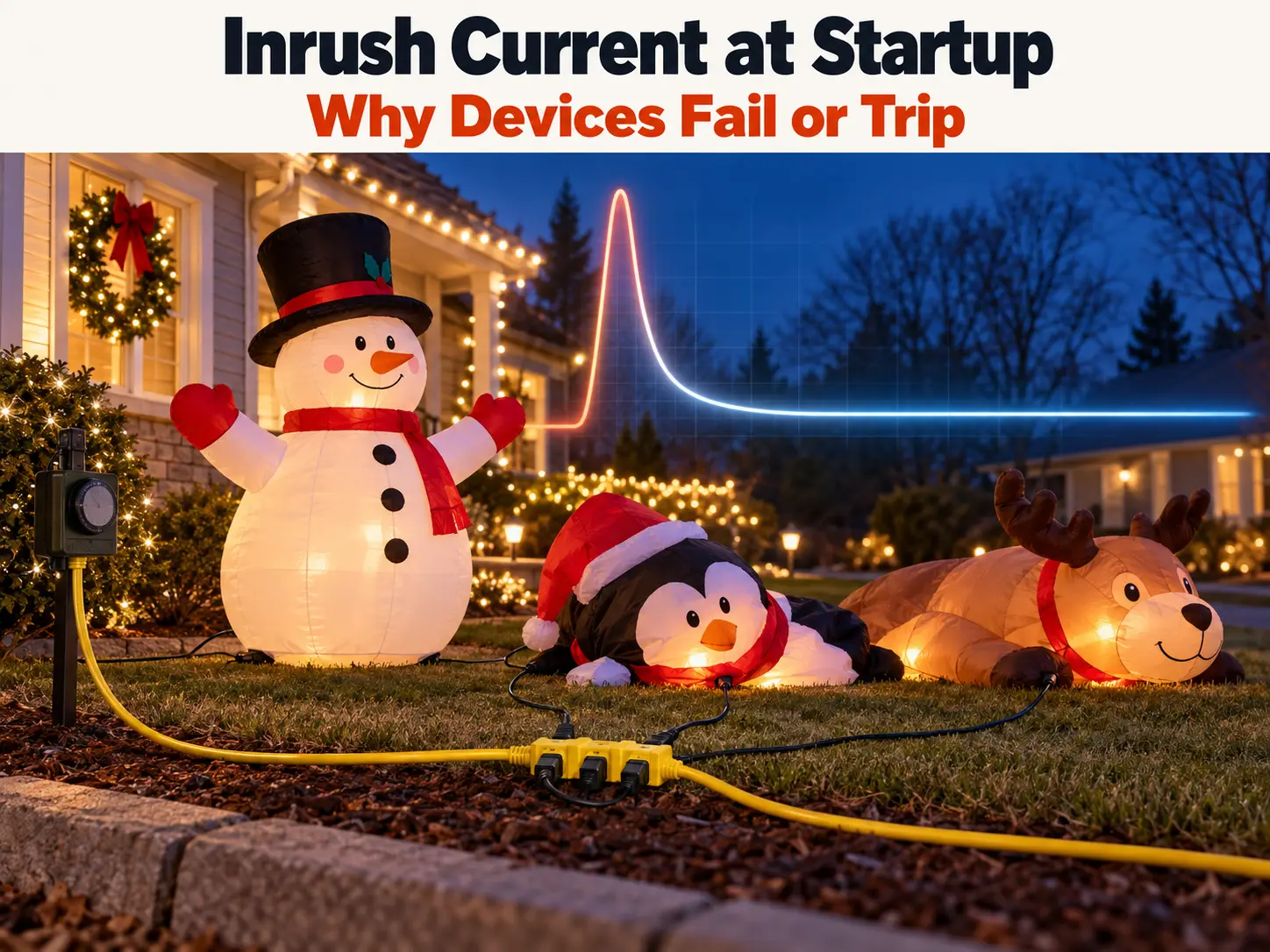 Three holiday inflatables starting from one timer and multi-outlet extension cord, illustrating an inrush current spike