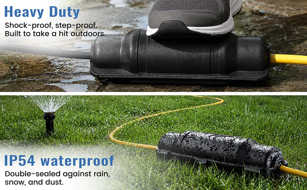 IP54 waterproof and step proof outdoor extension cord safety cover protect connection from rain.