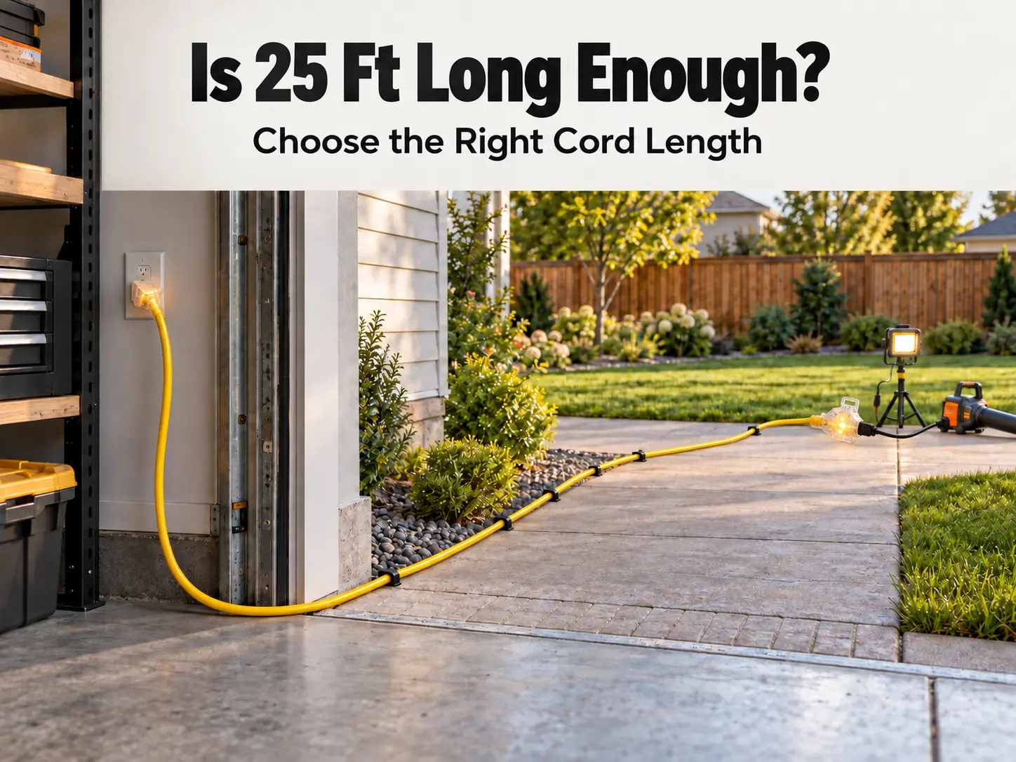 A 25 ft extension cord running from a garage outlet to outdoor tools across a compact backyard setup