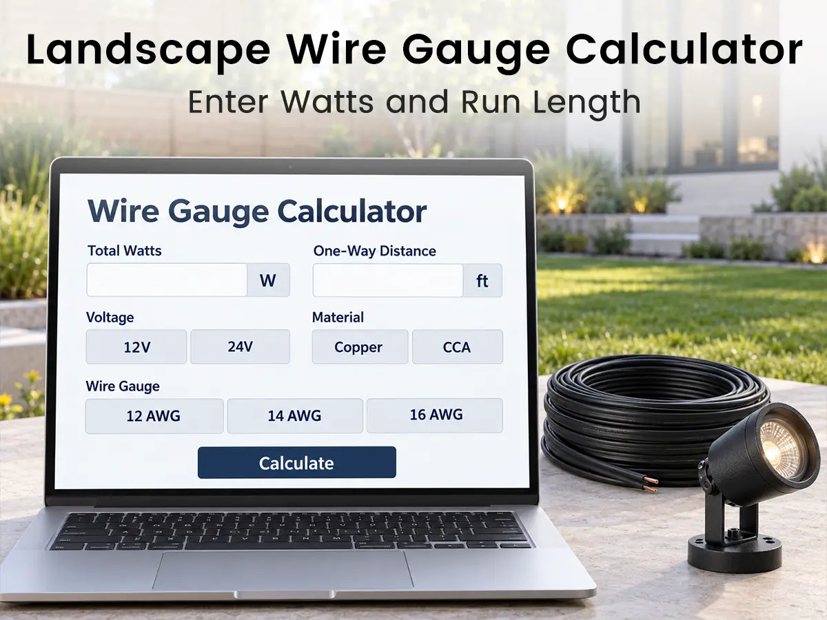 Landscape lighting wire gauge calculator using watts, run length and system voltage