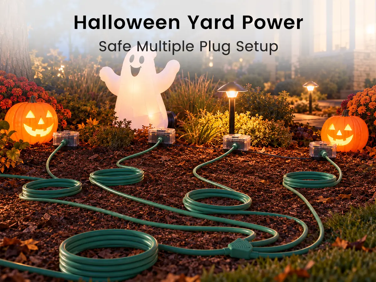 multi-outlet outdoor extension cord powering Halloween lights and a yard inflatable