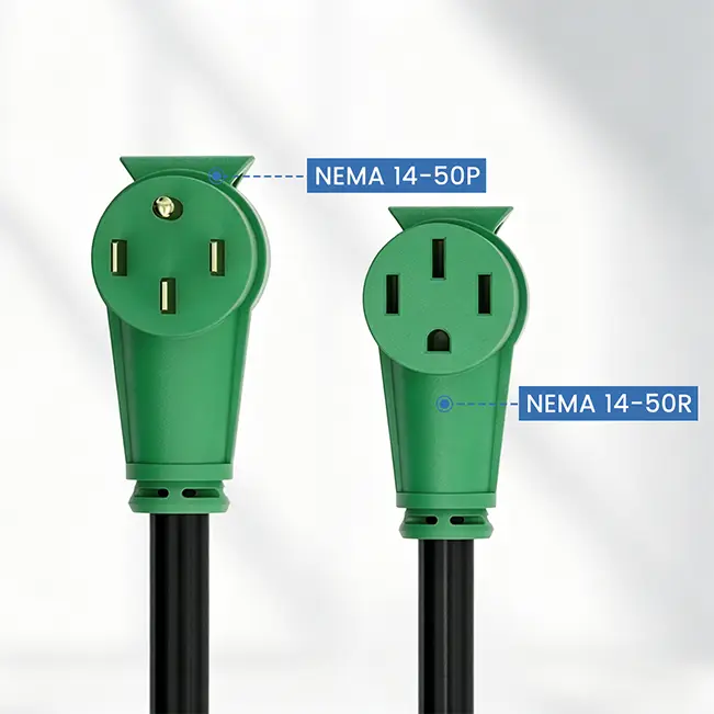 Technical diagram showing a green NEMA 14-50P heavy-duty plug and NEMA 14-50R receptacle configuration for 50 amp RV power.