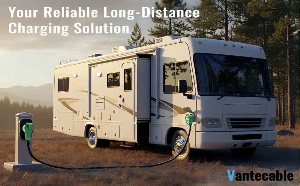 {"default":"15ft to 100ft NEMA 14-50P to 14-50R RV/EV extension cord connected to a Class A motorhome in an outdoor park."}
