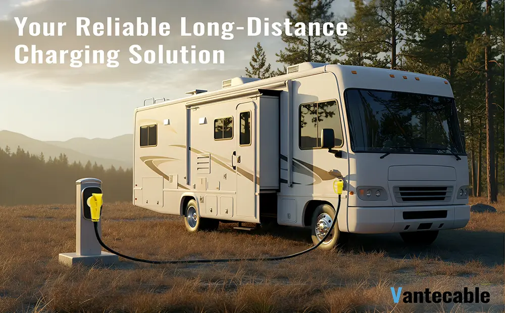 {"default":"6ft to 100ft NEMA 14-50P to 14-50R RV/EV extension cord connected to a Class A motorhome in an outdoor park."}
