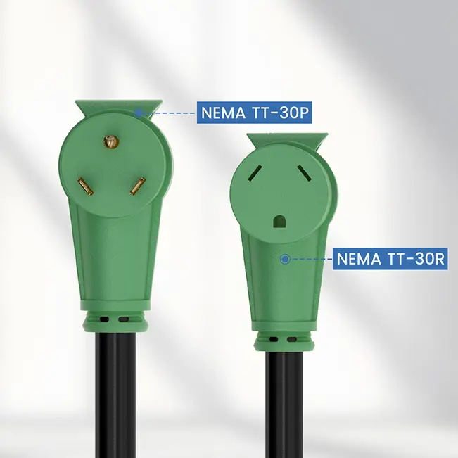 Close-up of a green NEMA TT-30P male plug and NEMA TT-30R female receptacle for 30 amp RV extension cords.