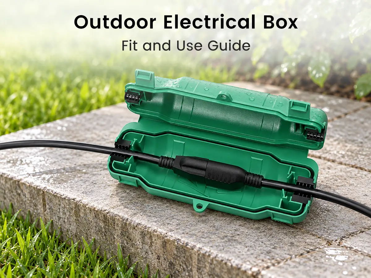 outdoor electrical box protecting an extension cord plug connection on a patio