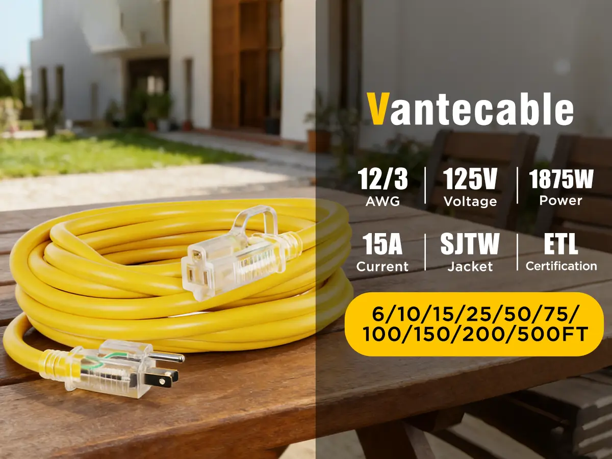 Outdoor extension cord showing weather rating and safety features for outdoor use