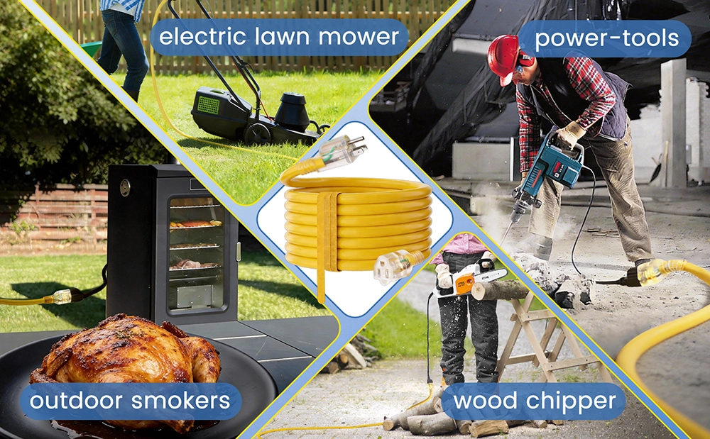 {"default":"Vantecable extension cord used for electric lawn mower, wood chipper, and outdoor smoker."}
