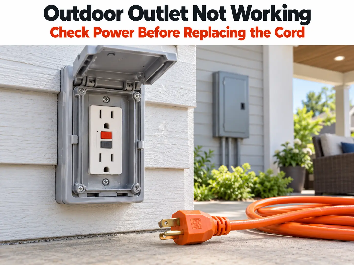 Outdoor GFCI outlet, unplugged extension cord and breaker panel shown for power-source checks