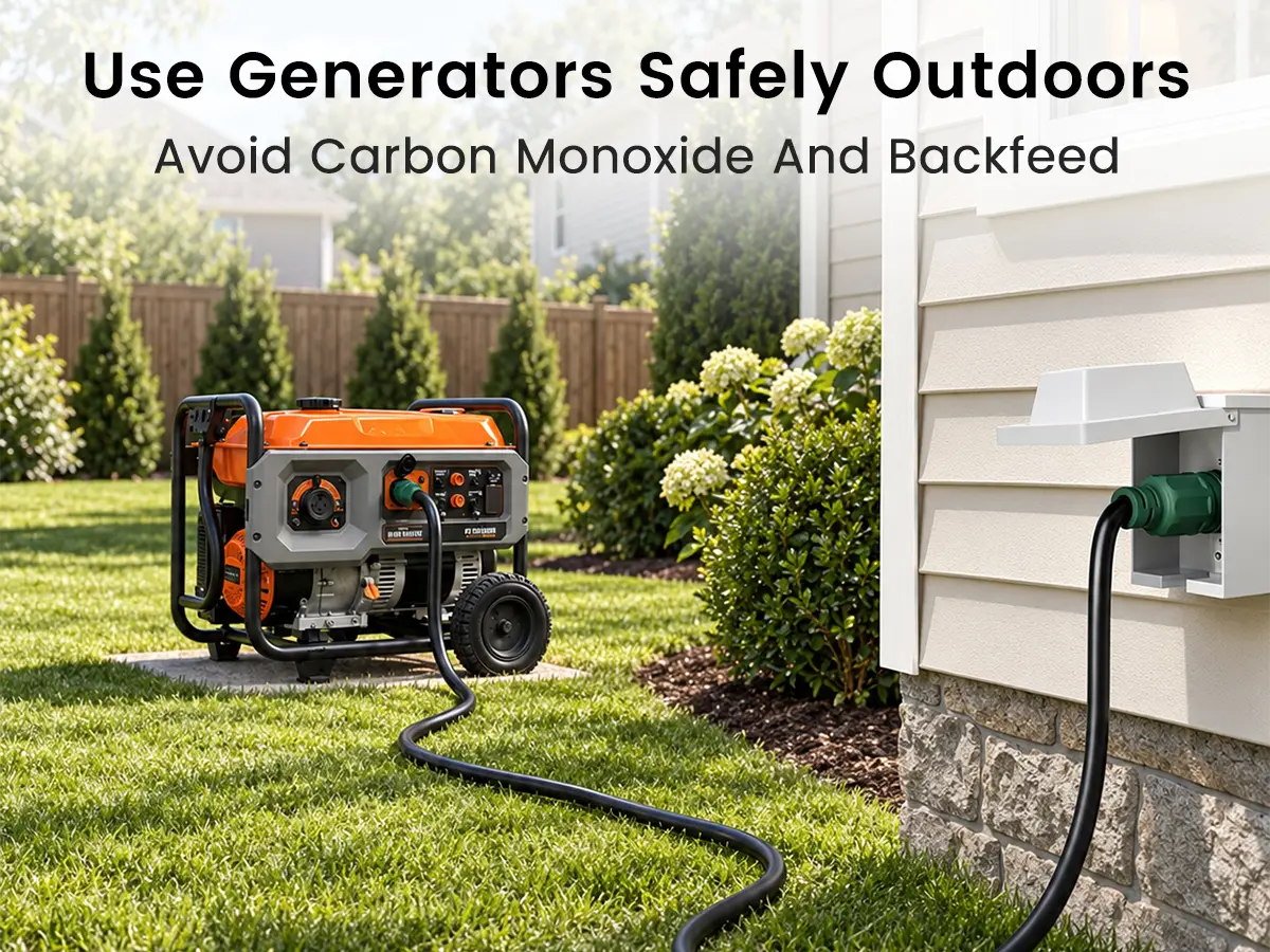 Portable generator running outdoors away from a house with a heavy-duty cord connected to an exterior power inlet box.