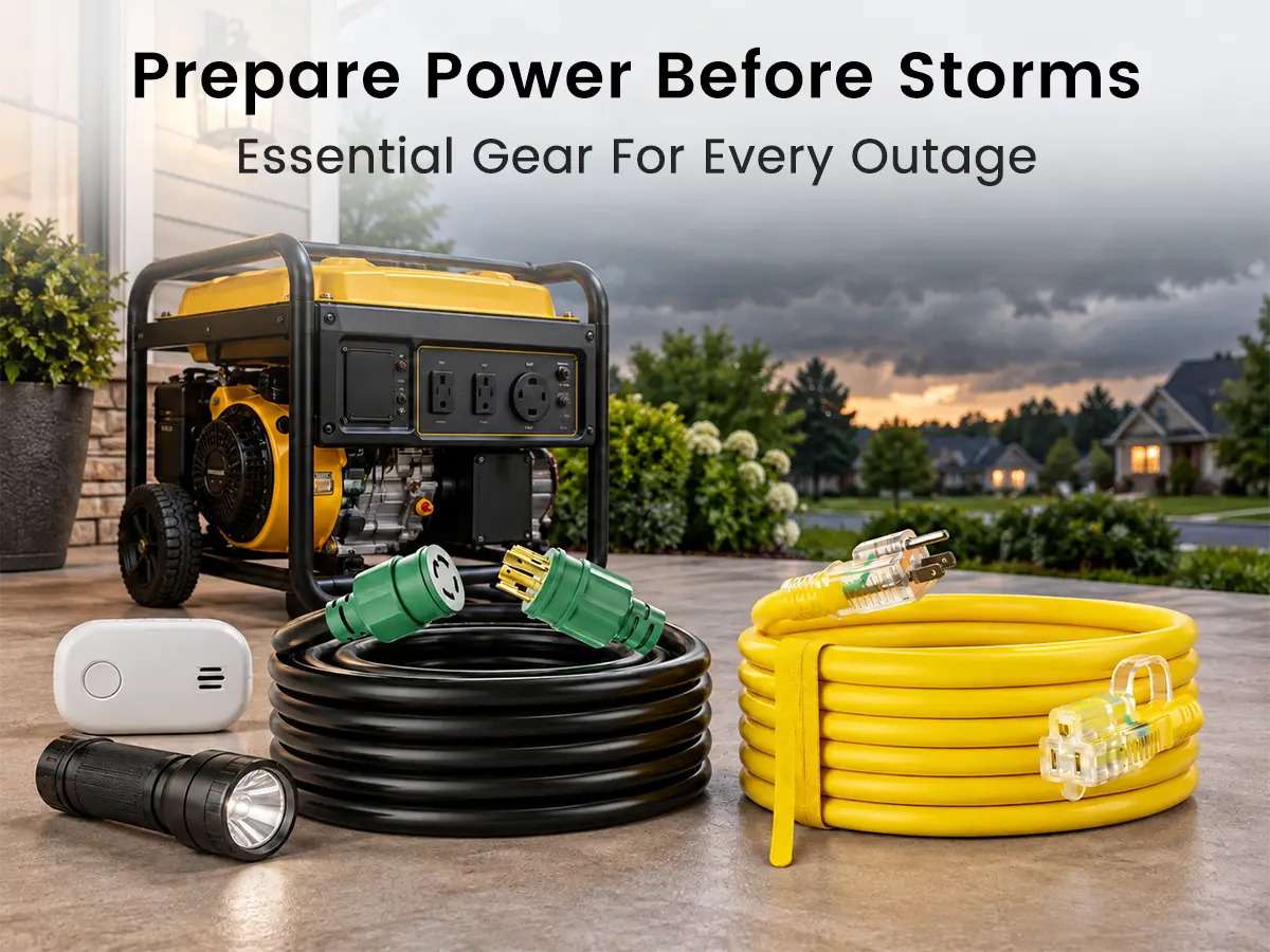 Emergency electrical gear including a portable generator, generator cords and an outdoor extension cord prepared before a storm.