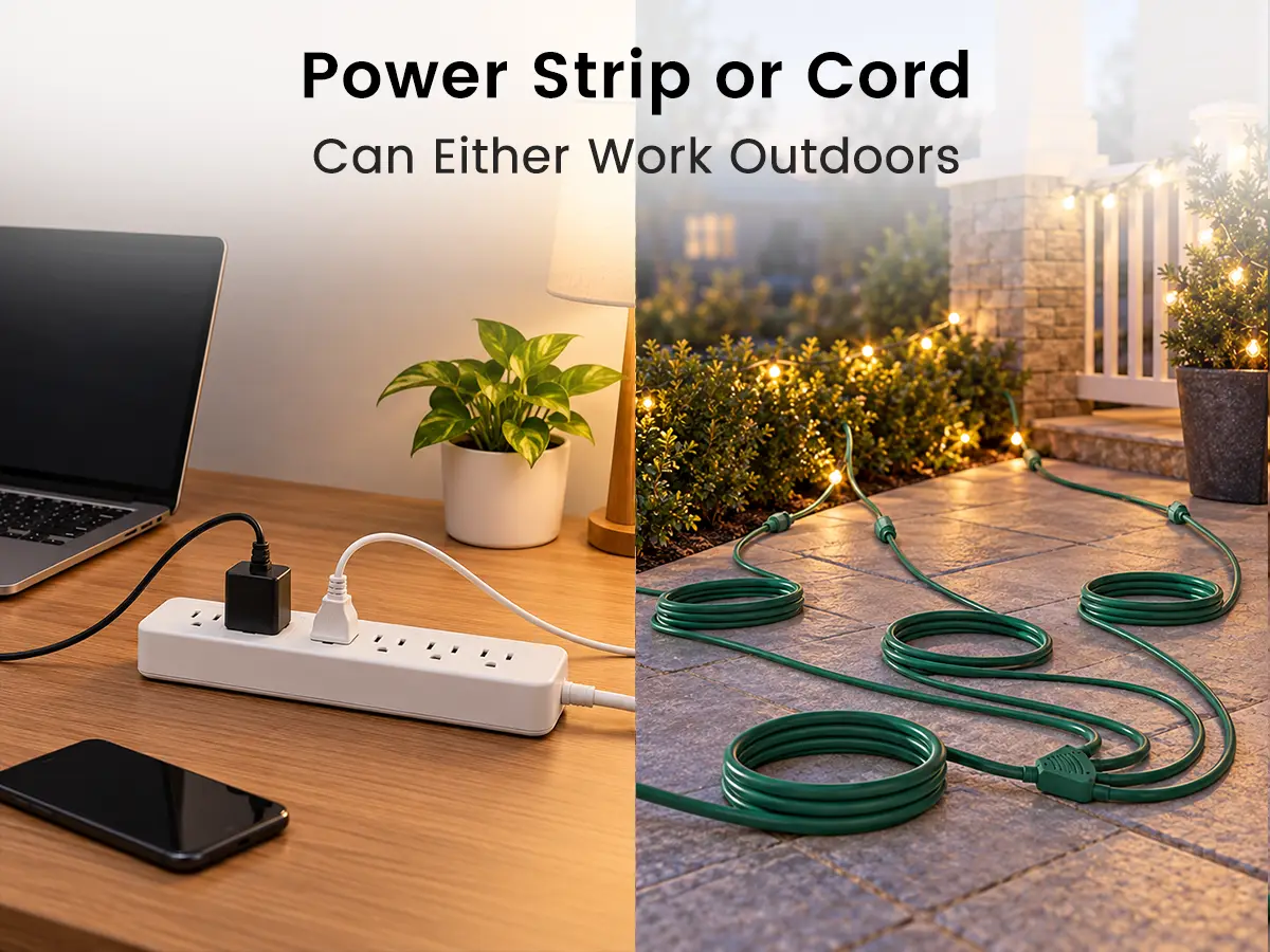 comparison of an indoor power strip and an outdoor-rated multi-outlet extension cord