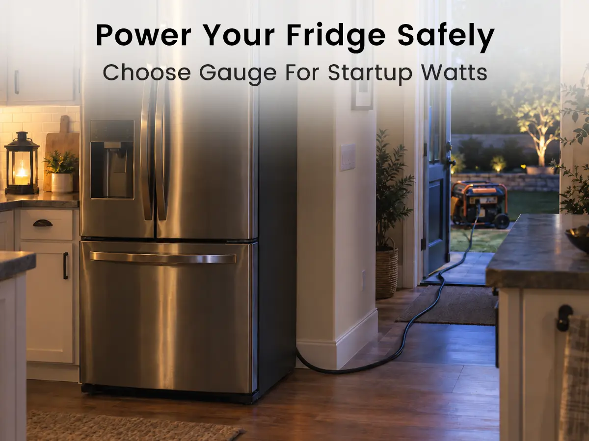 Heavy-duty 10/3 extension cord safely supplying a refrigerator from a compatible backup power source during an outage.
