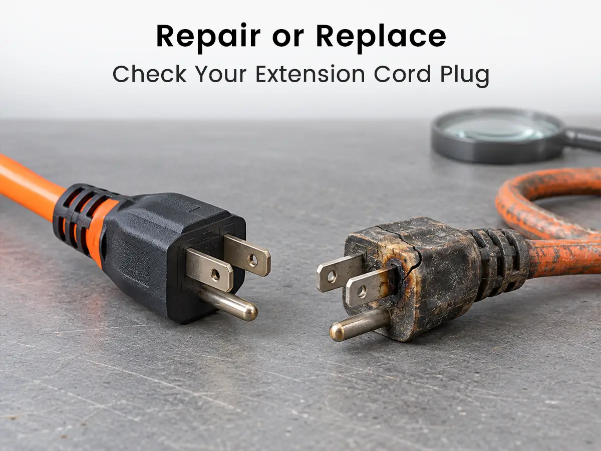 inspecting a damaged extension cord plug to decide whether to repair or replace it