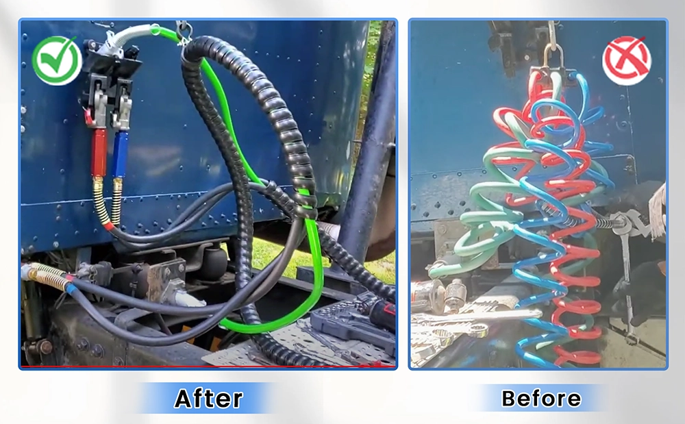 {"default":"Comparison between Vantecable organized 3-in-1 air line kit and traditional tangled separate hoses."}
