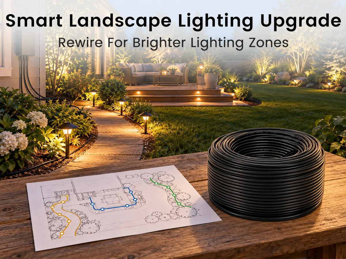 smart landscape lighting zones powered by separate black low-voltage wire runs