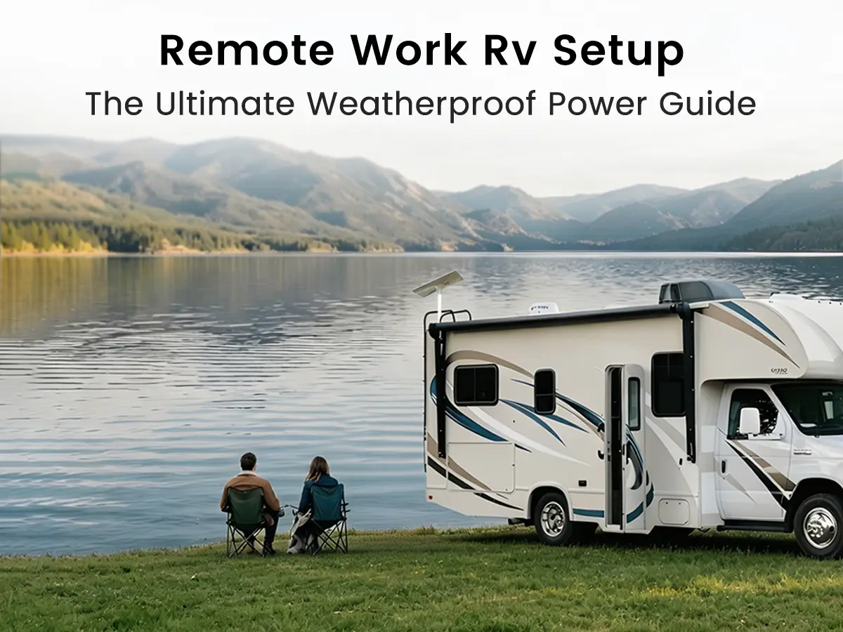 A professional Starlink RV power setup in a remote landscape showing satellite dish and heavy-duty extension cables.