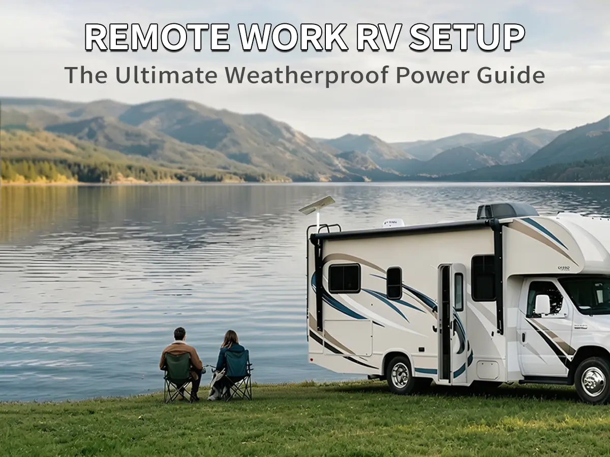 A professional Starlink RV power setup in a remote landscape showing satellite dish and heavy-duty extension cables.