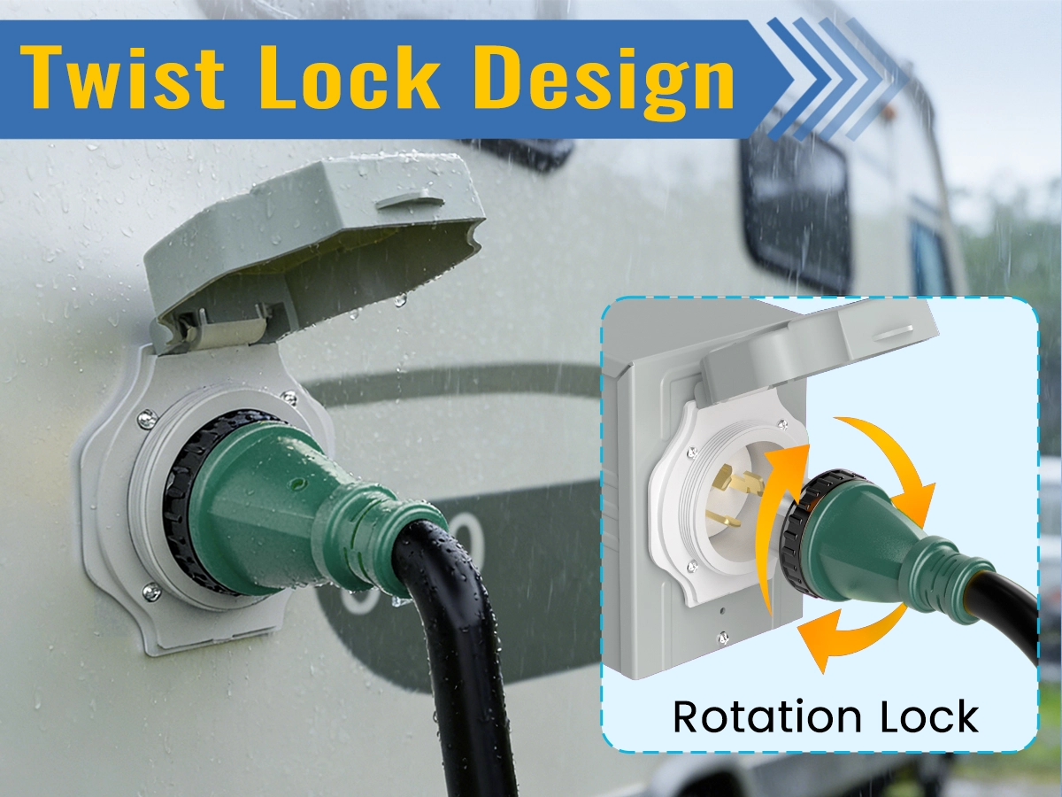Technical diagram of a twist lock extension cord with rotation lock design for RV and power inlets.