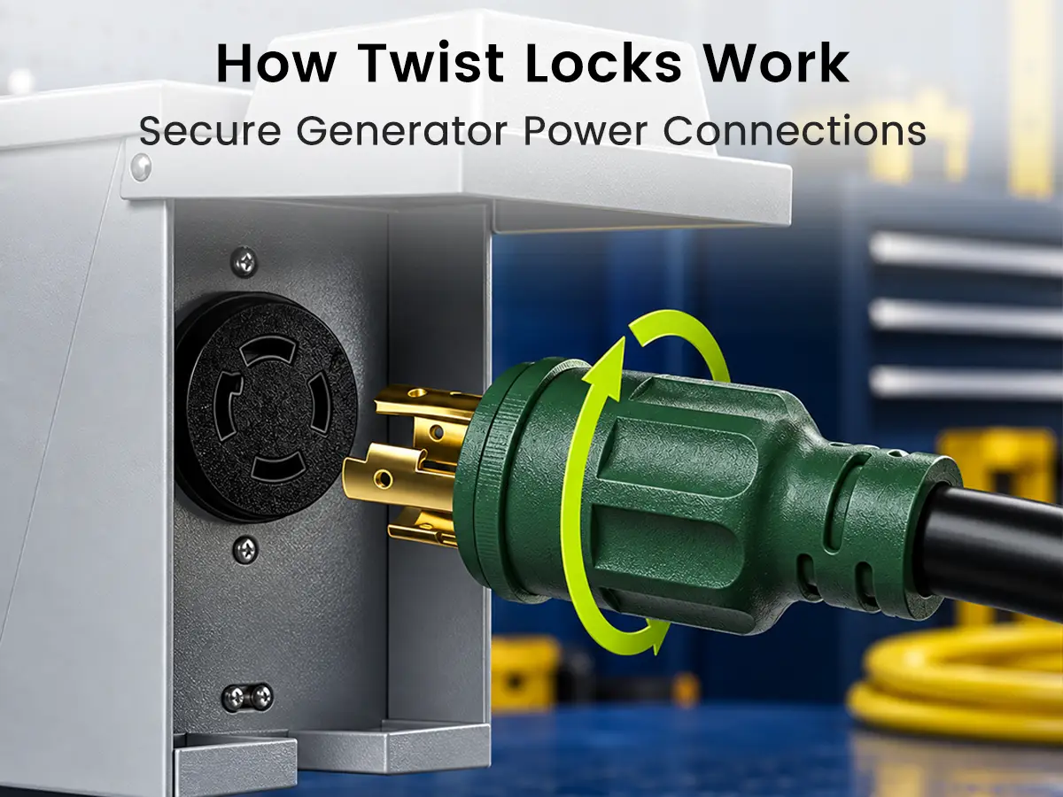 Close-up of a NEMA L5-30 twist-lock generator plug aligned with a matching receptacle and locking collar.