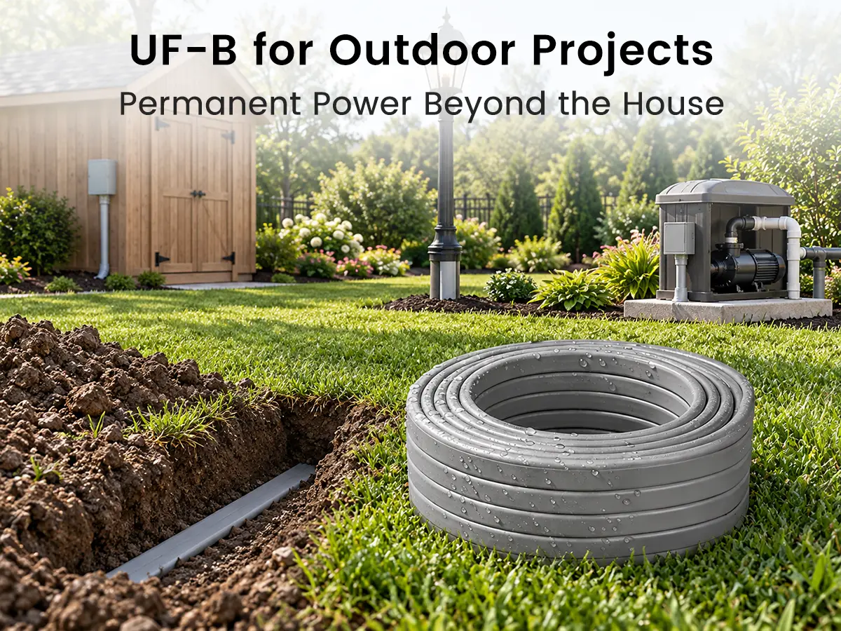 gray UF-B cable for permanent power to a shed, post lamp and outdoor pump equipment