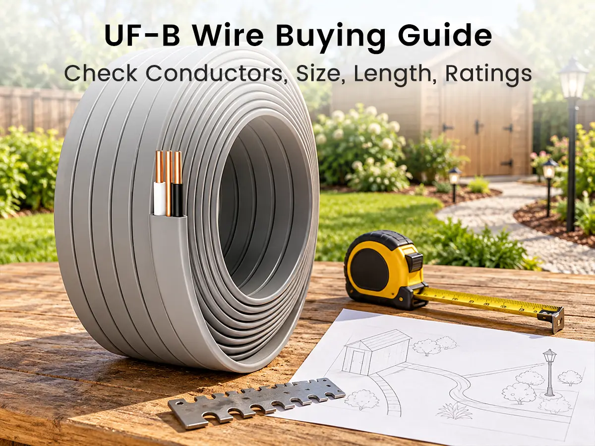 coil of gray UF-B wire with conductor sample, measuring tape and outdoor route plan