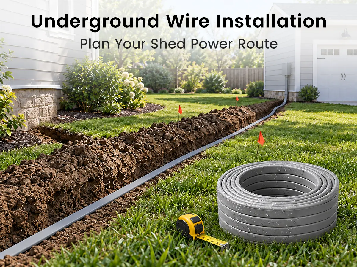 gray underground electrical wire installed in a trench between a house and backyard shed