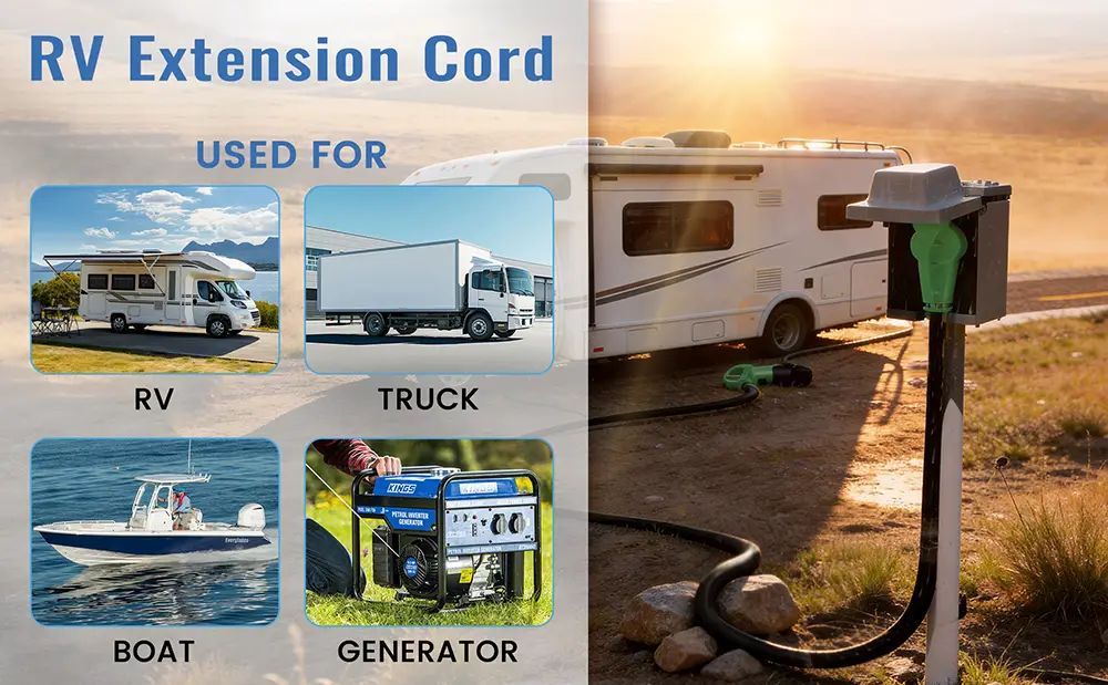 {"default":"Vanteable 50 Amp NEMA 14-50 extension cord in black with distinctive green handle ends, for RV, Truck, Boat, and Generator. Featuring ergonomic grip and waterproof design."}
