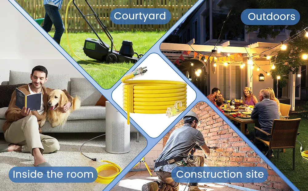 {"default":"Four-panel scene showing Vanteable yellow extension cord used inside the room, in the courtyard, at a construction site, and for outdoor party lighting."}
