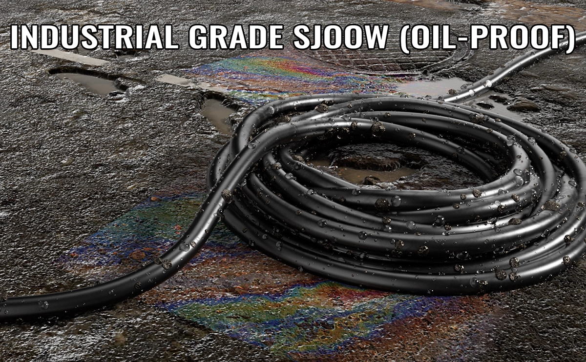 A coiled black Industrial Grade SJOOW Vulcanized Rubber extension cord from Vantecable is impervious to oil spills and moisture, sitting on a greasy industrial floor near a machine.