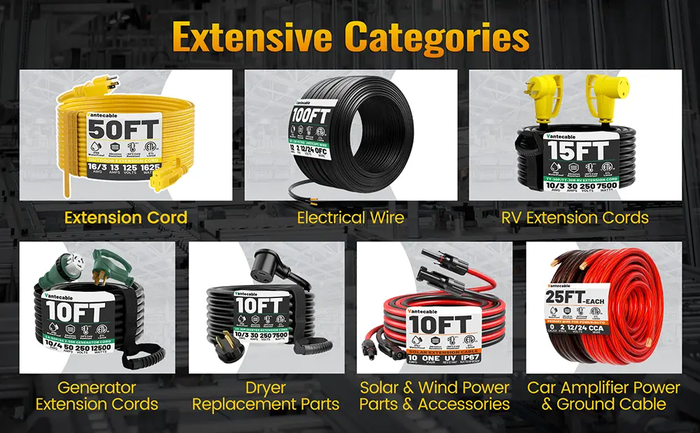 {"default":"Vantecable extensive product categories featuring extension cords, electrical wires, and RV accessories."}
