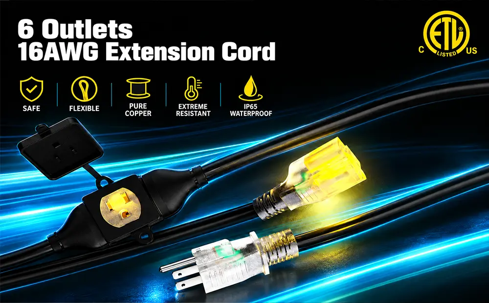 16 AWG black outdoor extension cord with six outlets, lighted plug, pure copper wiring, and ETL Listed certification