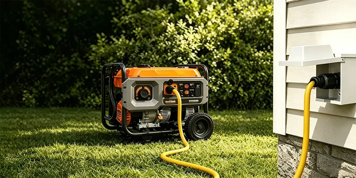 Vantecable generator extension cord connecting a portable generator to a home transfer switch outdoors, showing a heavy-duty NEMA connector
