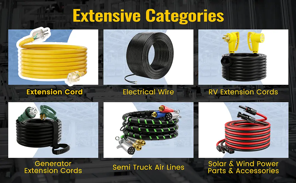 Vantecable heavy-duty outdoor extension cords, part of our extensive industrial power cable collection.