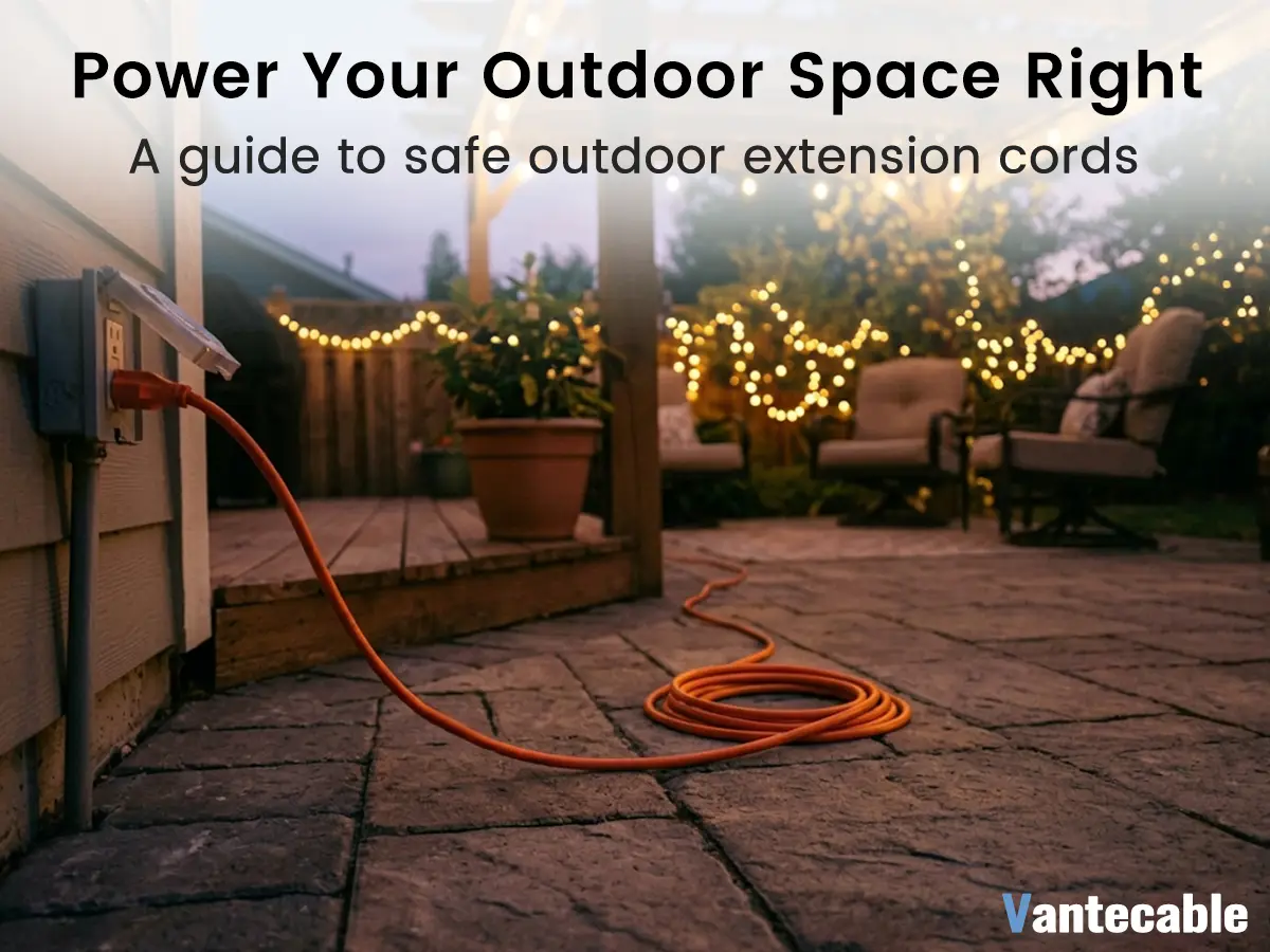 Vantecable heavy-duty outdoor extension cord in use on a backyard patio at dusk, powering string lights and outdoor devices