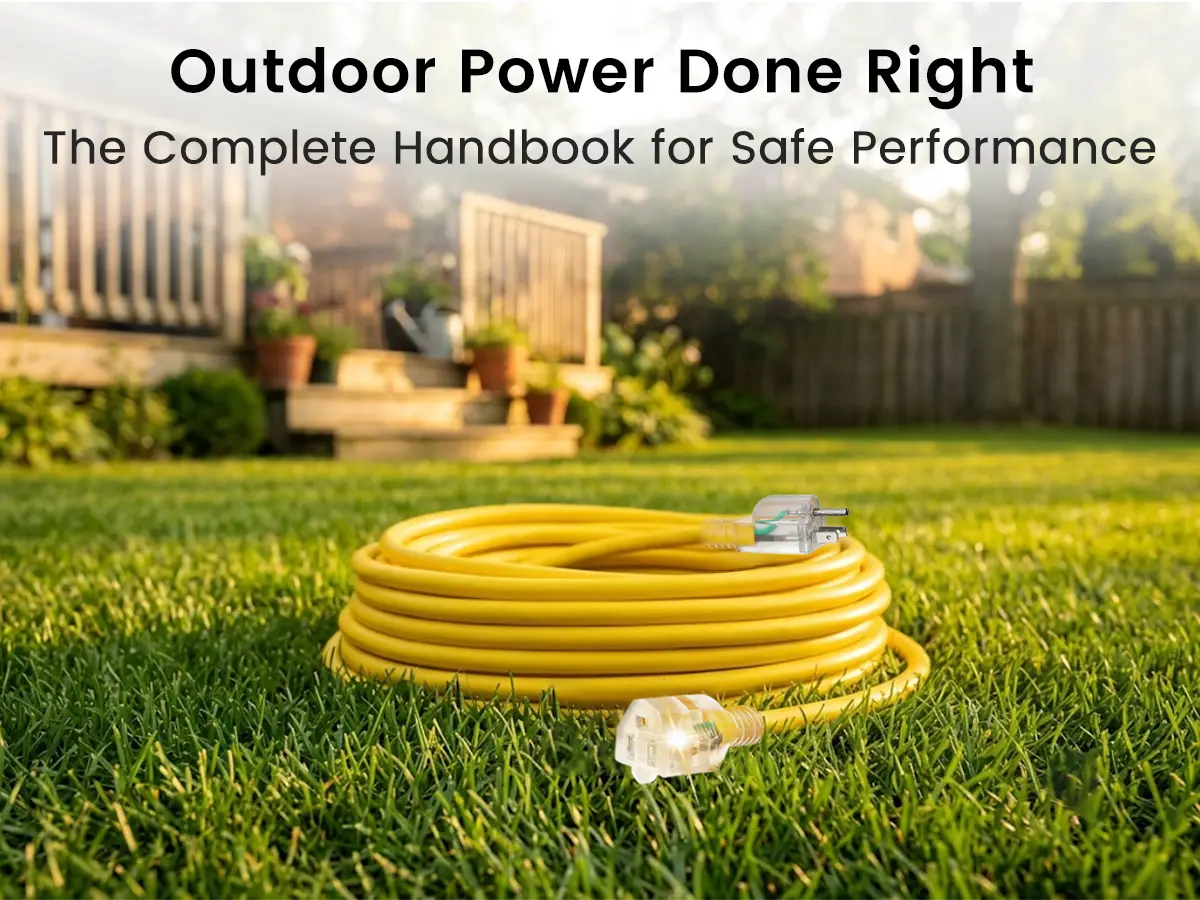 Vantecable professional guide cover image: A heavy-duty yellow outdoor extension cord coiled on green grass at golden hour.
