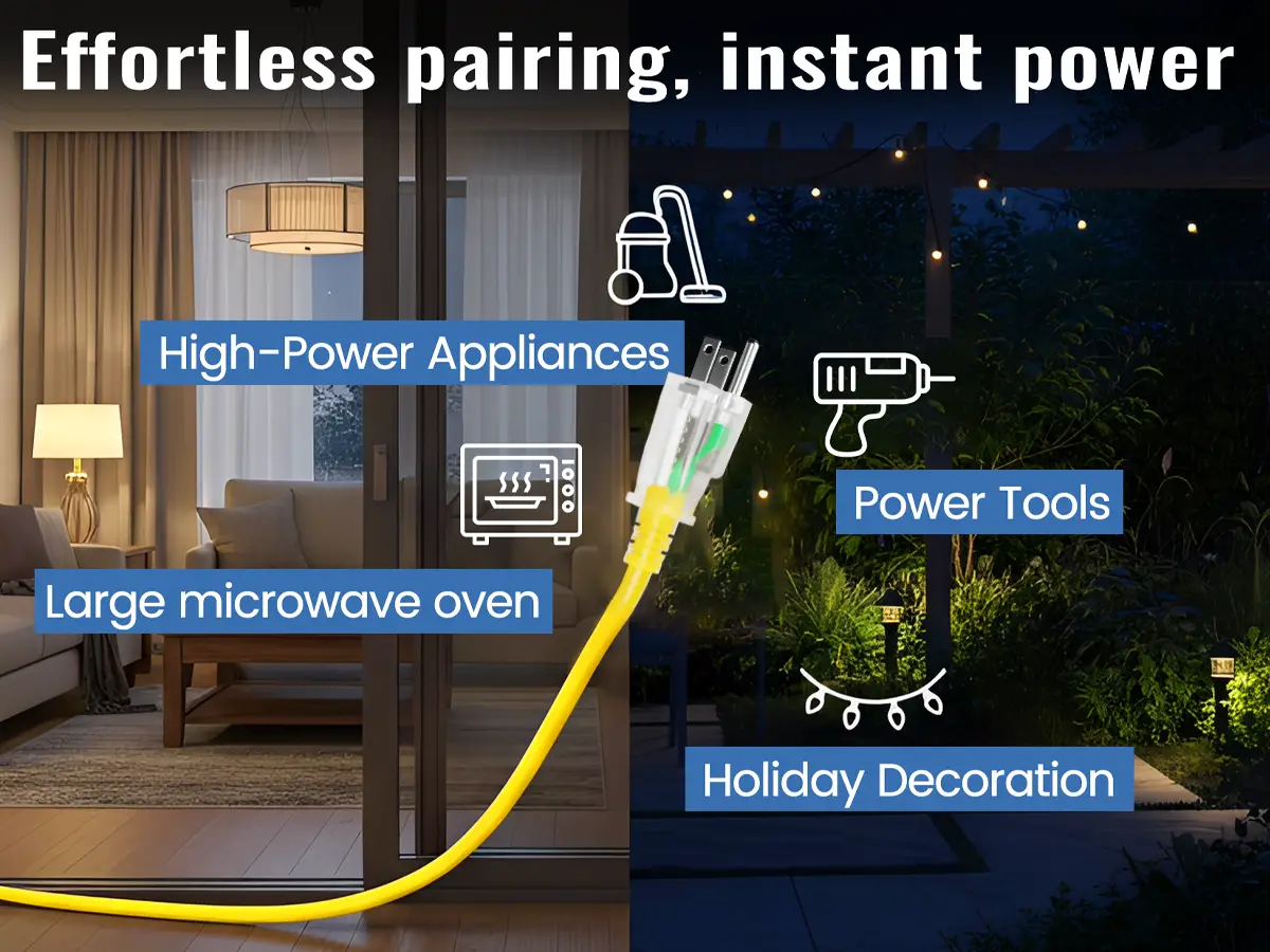 A heavy duty yellow extension cord connecting to air compressor, generator, welding machine, and water pump.