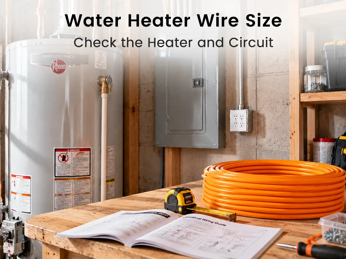 Residential water heater with its manual, nameplate area and cable roll for checking circuit requirements.