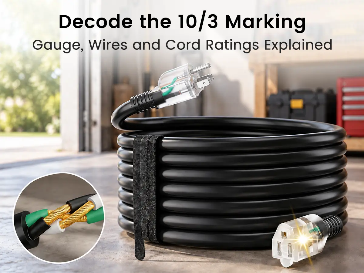 Black 10/3 extension cord with grounded connectors and a cutaway showing three 10 AWG conductors inside the cable jacket.
