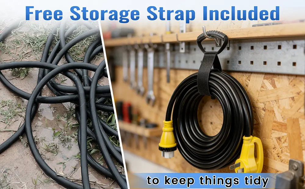 {"default":"Coiled black 50 amp extension cord with yellow plugs and a heavy-duty carrying strap."}
