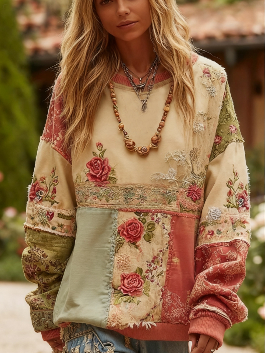  Women's Breast Cancer Awareness Floral Patchwork Crew Neck Sweatshirt