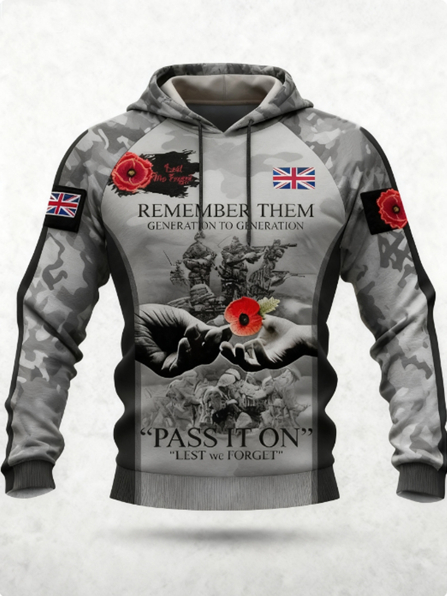 Men's 11th November Remembrance Day LEST WE'S FORGET Poppy Remembrance Hoodie 