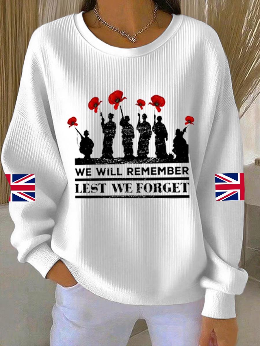 Women's 11th November Remembrance Day LEST WE'S FORGET Poppy Remembrance Ribbed Round-Neck Sweatshirt
