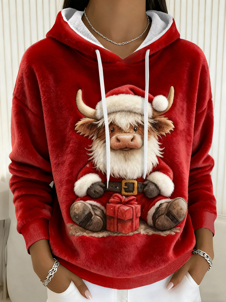 Women's Christmas Highland Cow Flannel Hoodie 