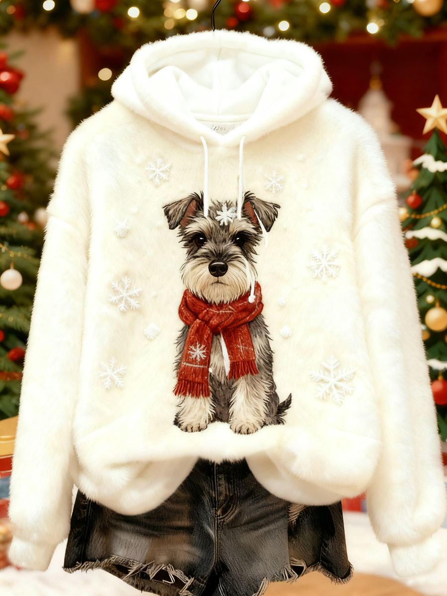 Women's Christmas Cute Dog Print Casual Flannel Hoodie 