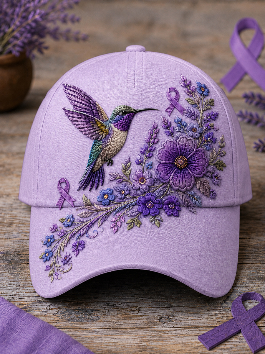 Unisex Purple Floral & Hummingbird Print Alzheimer's Awareness Support Hat
